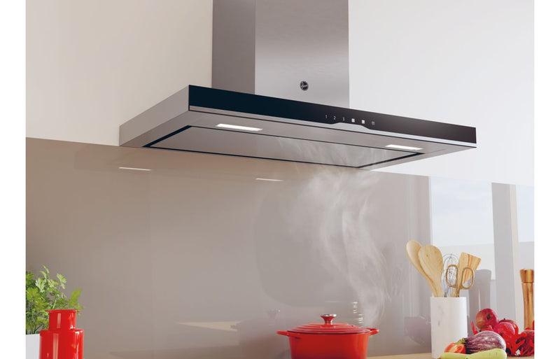 Hoover H500 HTS9CBK5XWIFI 90cm T-Shape Chimney Hood - Black Glass & Stainless Steel