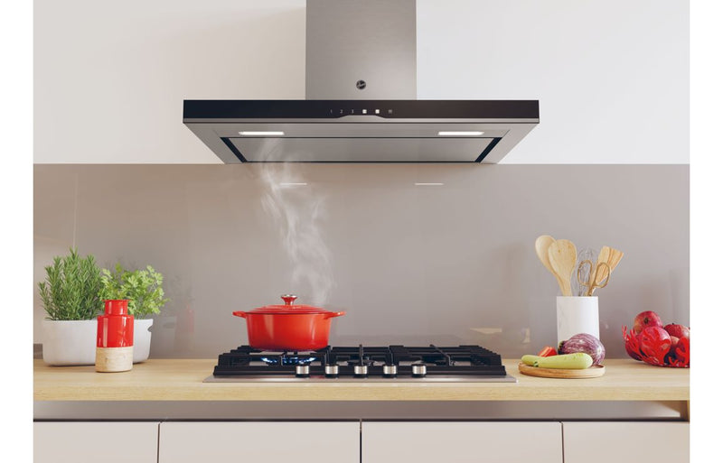 Hoover H500 HTS9CBK5XWIFI 90cm T-Shape Chimney Hood - Black Glass & Stainless Steel