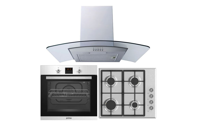 Prima Oven Gas Hob & Curved Glass Chimney Hood Pack - Stainless Steel