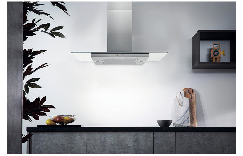 Hotpoint UIF 9.3F LB X 90cm Flat Glass Island Hood - Glass & Stainless Steel